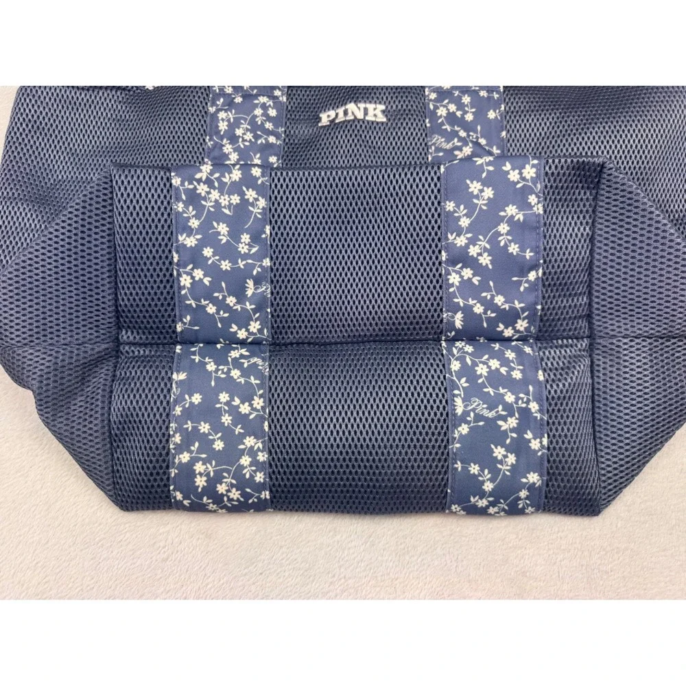 Victoria's Secret PINK Mesh Tote Bag Navy Blue Floral Zipper Beach Gym Carryall